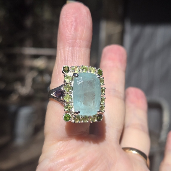 Aquamarine 17k Peridot Chrome Diopside & lolite sterling cocktail ring sz7 - Picture 9 of 11